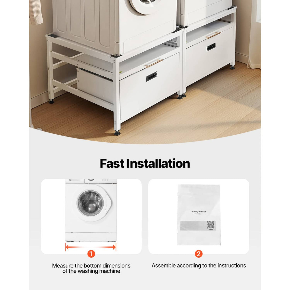 White washer base pedestal with two drawers and raised top tray on adjustable legs