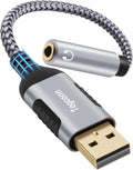 USB-A to 3.5mm TRRS adapter with braided cable, silver body, gold connectors