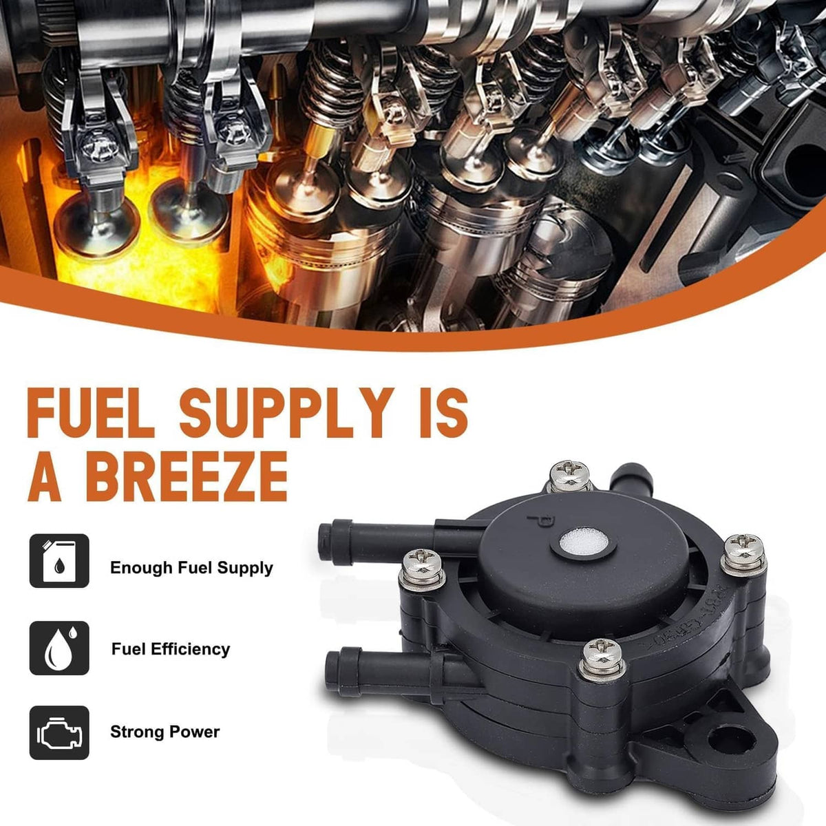 Black fuel pump assembly with mounting screws and two hose connections, angled front view