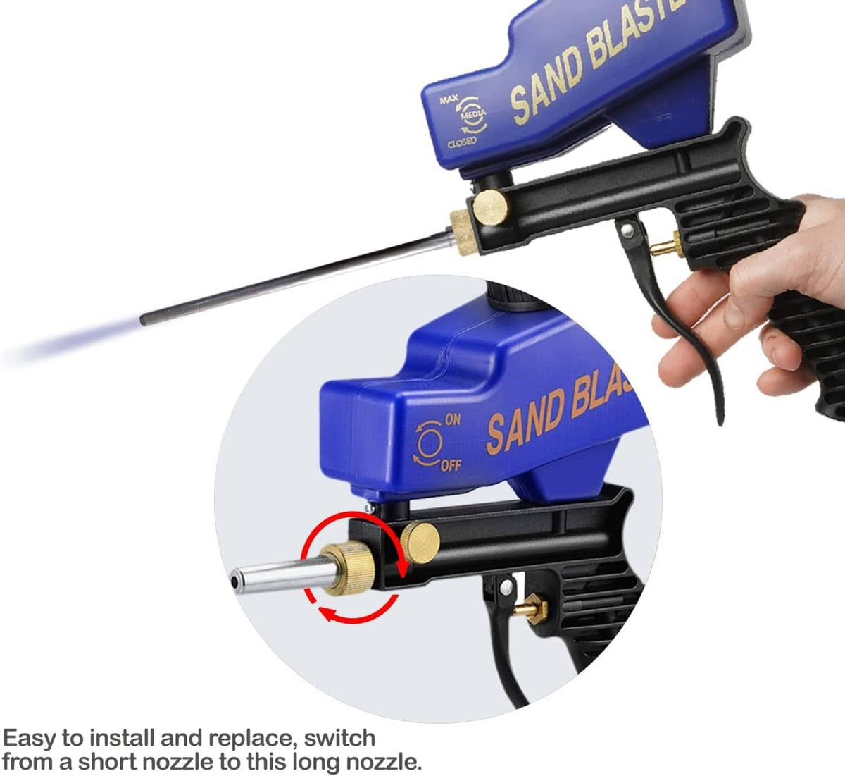 Hand swapping a long replacement nozzle wand on a sandblaster gun