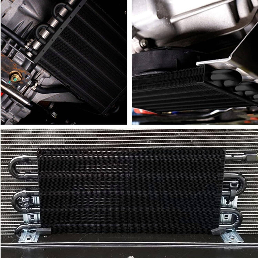 Transmission oil cooler mounted in engine bay with hoses and clamp hardware