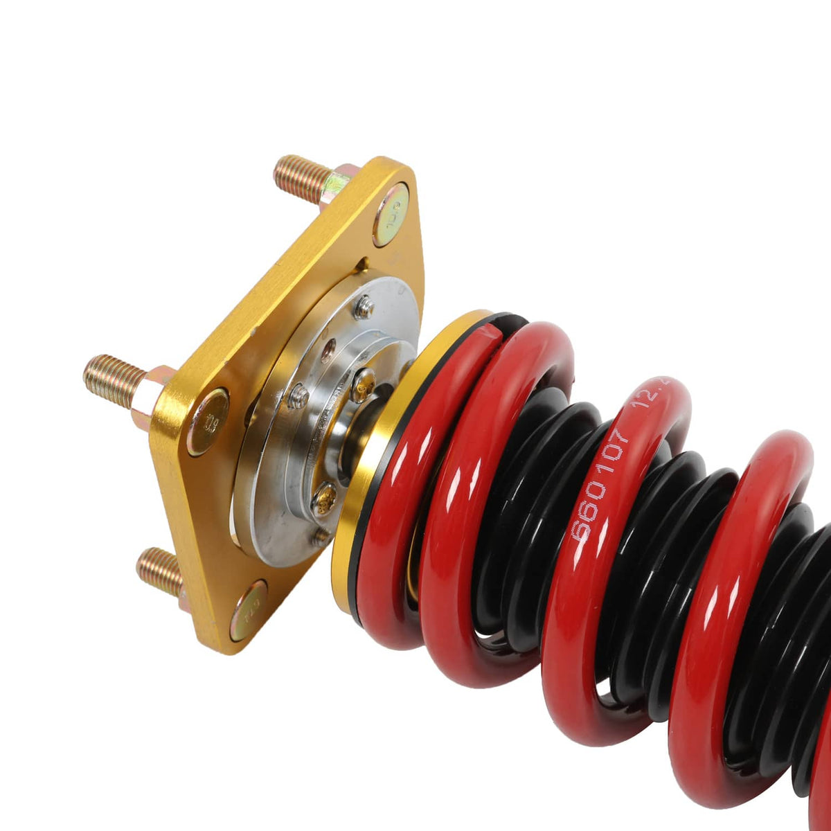 Coilover strut with red spring over black damper and gold mounting plate