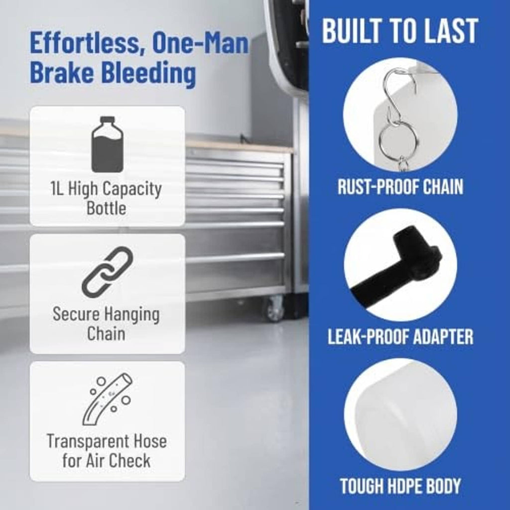 Brake bleeder bottle kit with clear hose, black pump, and hanging chain
