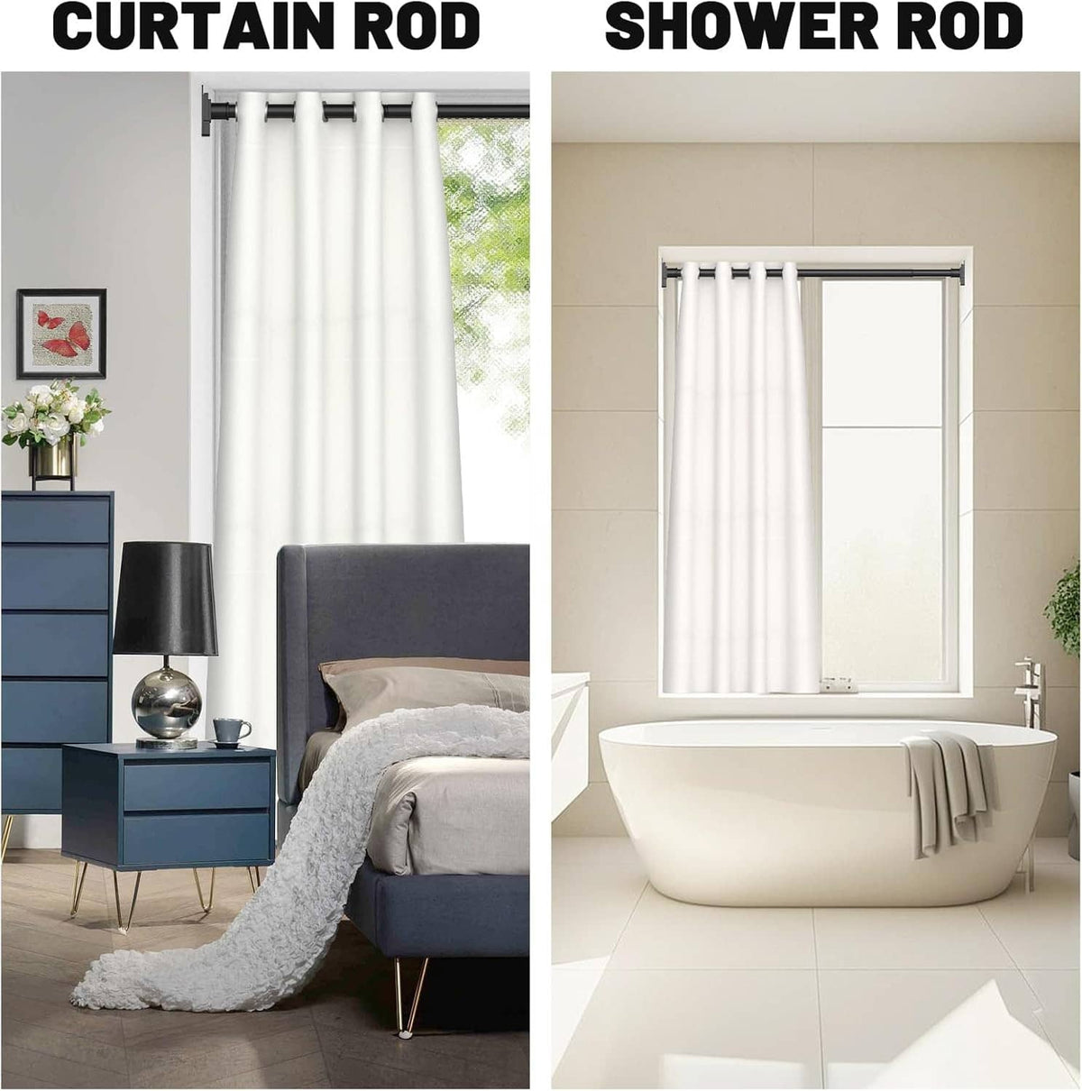 Matte black shower curtain rod installed above a bathtub with white curtain panels