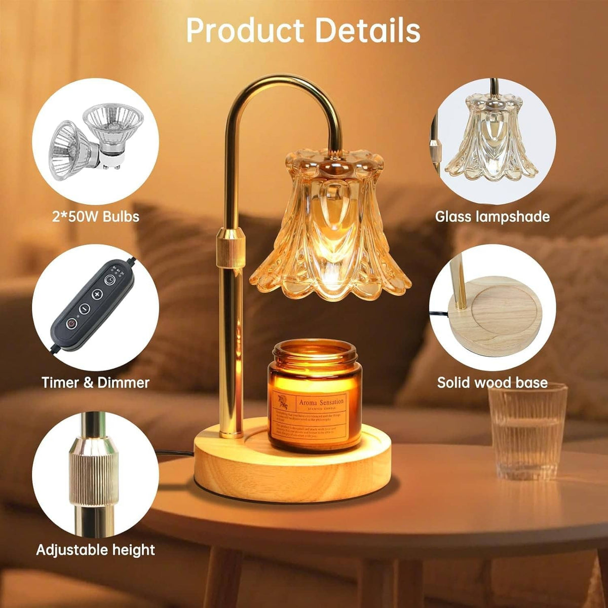 Electric candle warmer lamp with amber glass shade, solid wood base, and remote control.