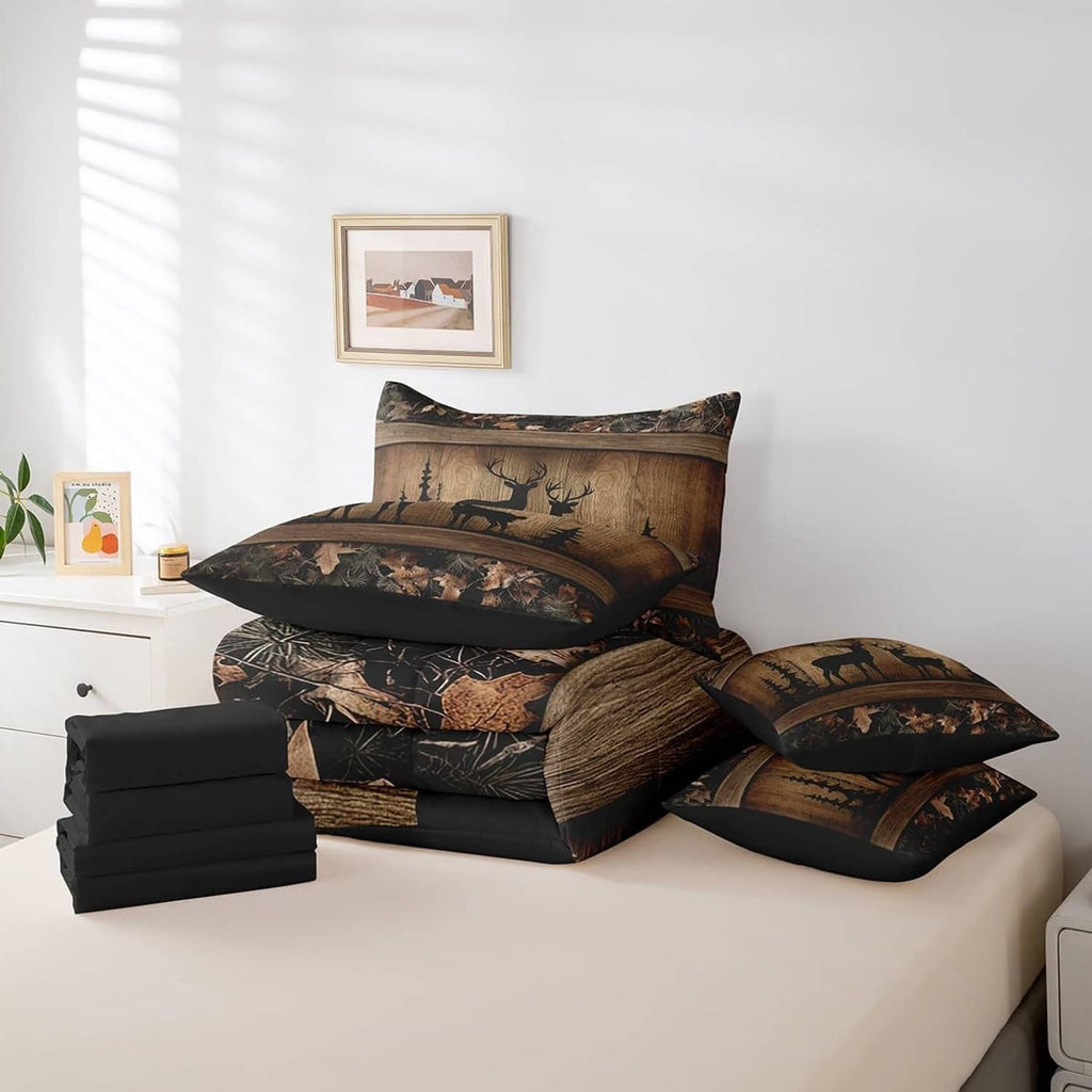 Camo deer comforter and pillow set with matching sheets in dark brown and black