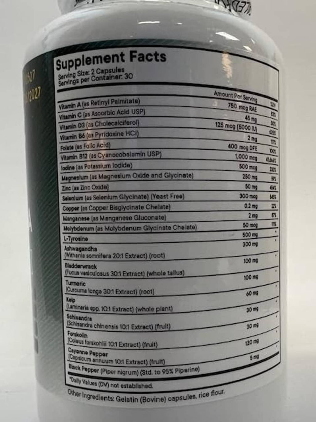 Close-up of supplement facts panel on Selenium, zinc, iodine bottle