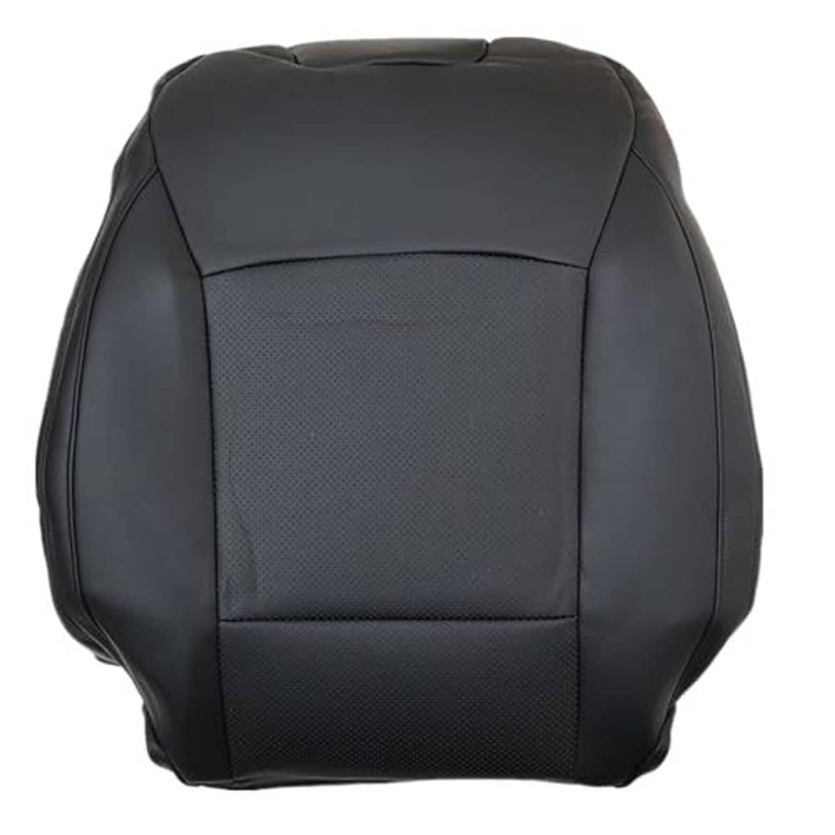 Black seat cover front view with perforated center panel and stitched border trim.