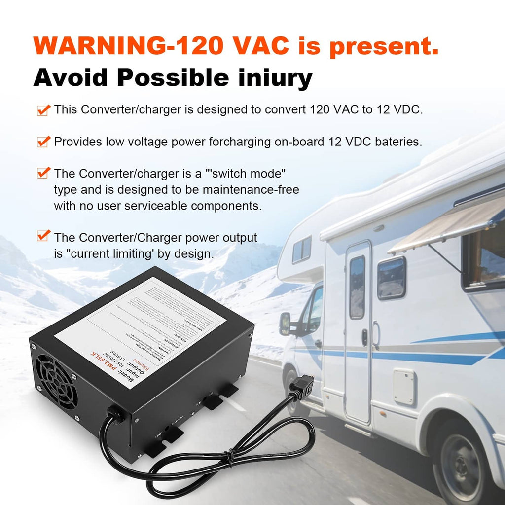 RV power converter charger designed to convert 120VAC to 12VDC for vehicle batteries