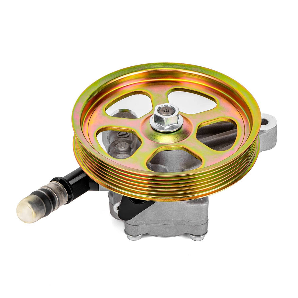 Power steering pump with pulley wheel and side outlet hose