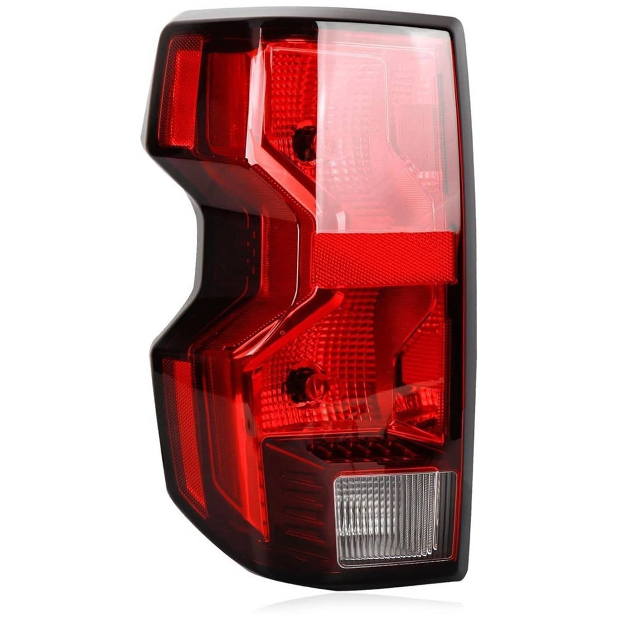 Left driver-side halogen tail light assembly, red lens with clear sections and bulb housing