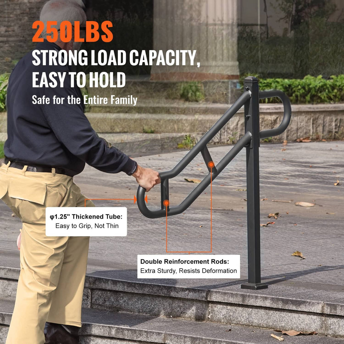 Black floor-mounted handrail on steps with curved grip and sturdy vertical post