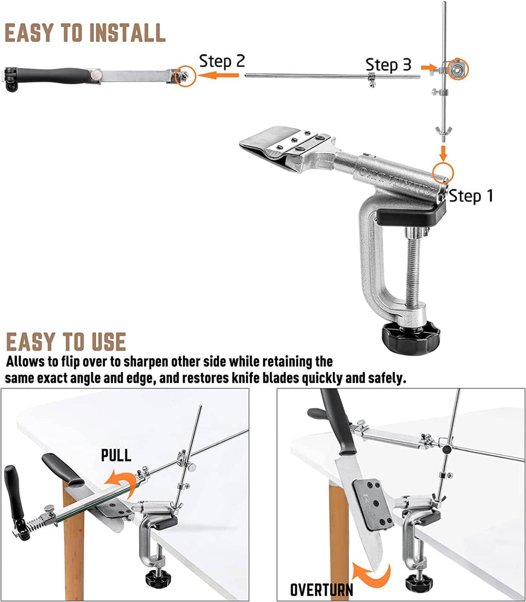 Knife sharpener setup diagram with installed fixture and step-by-step usage arrows