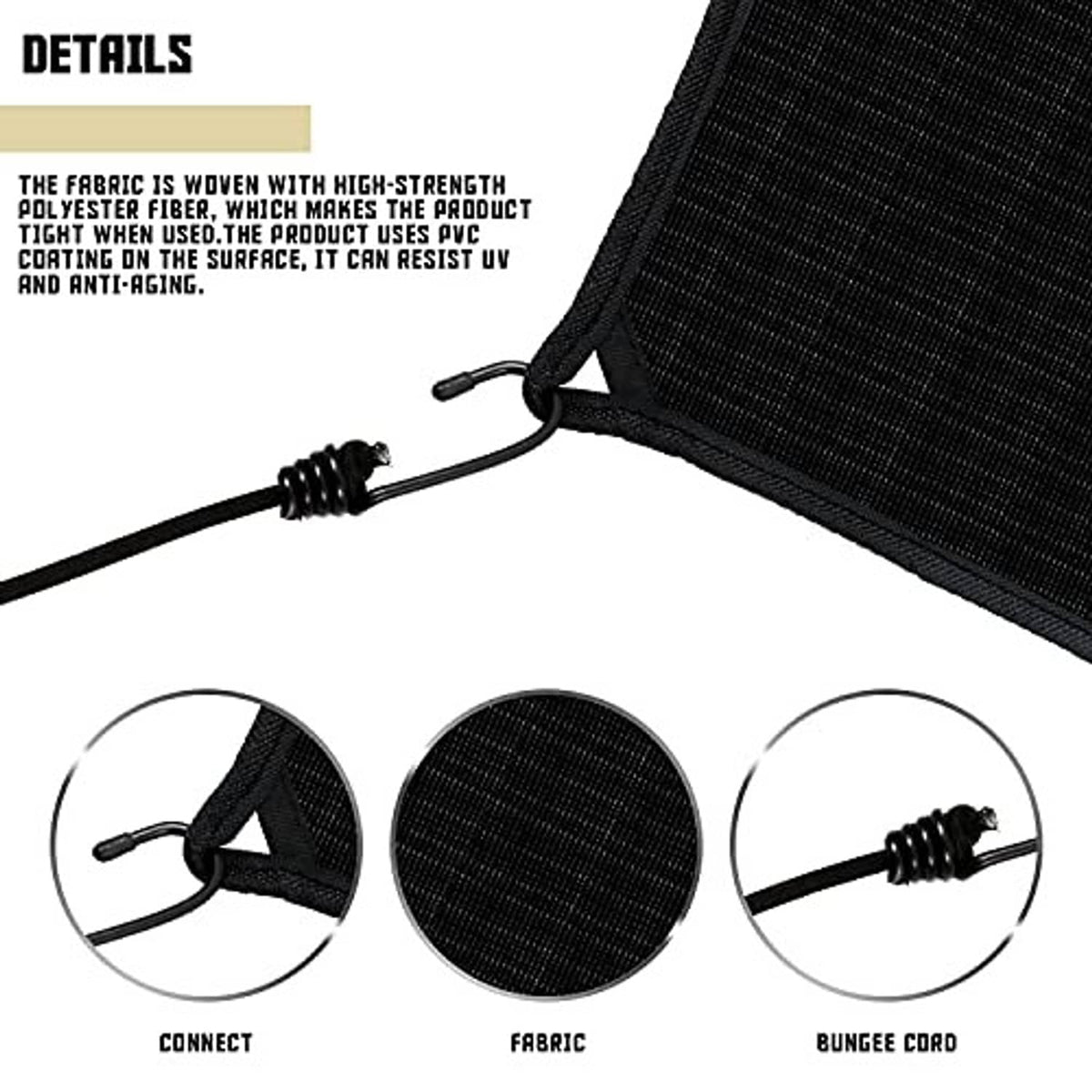 Black woven vinyl AC cover with bungee cord ties and reinforced eyelets