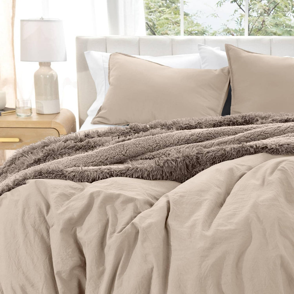 Queen duvet cover set with pebble beige linen-look fabric and matching pillow shams