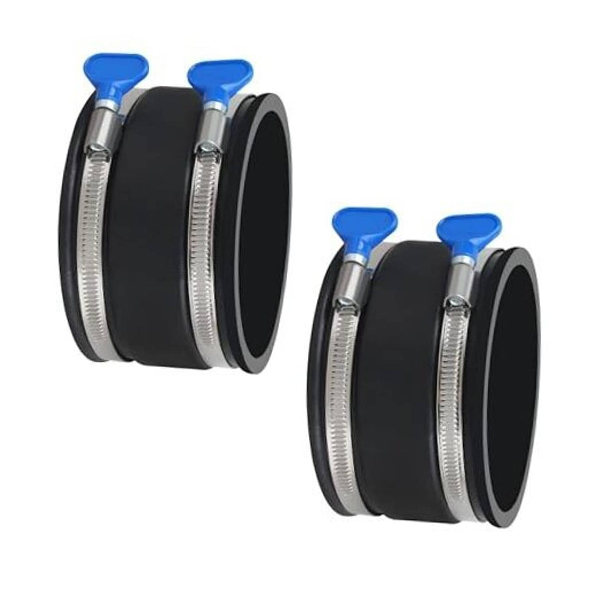 Black flex cuff hose clamps with blue levers and stainless steel band clamps (2-pack)
