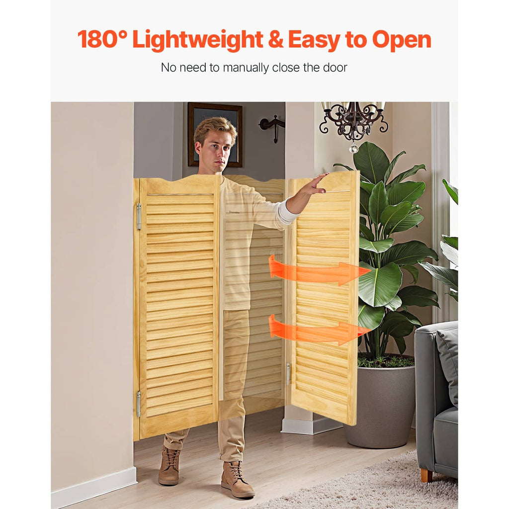 Pine wood double-swing saloon doors with shutter slats and metal hinges, open