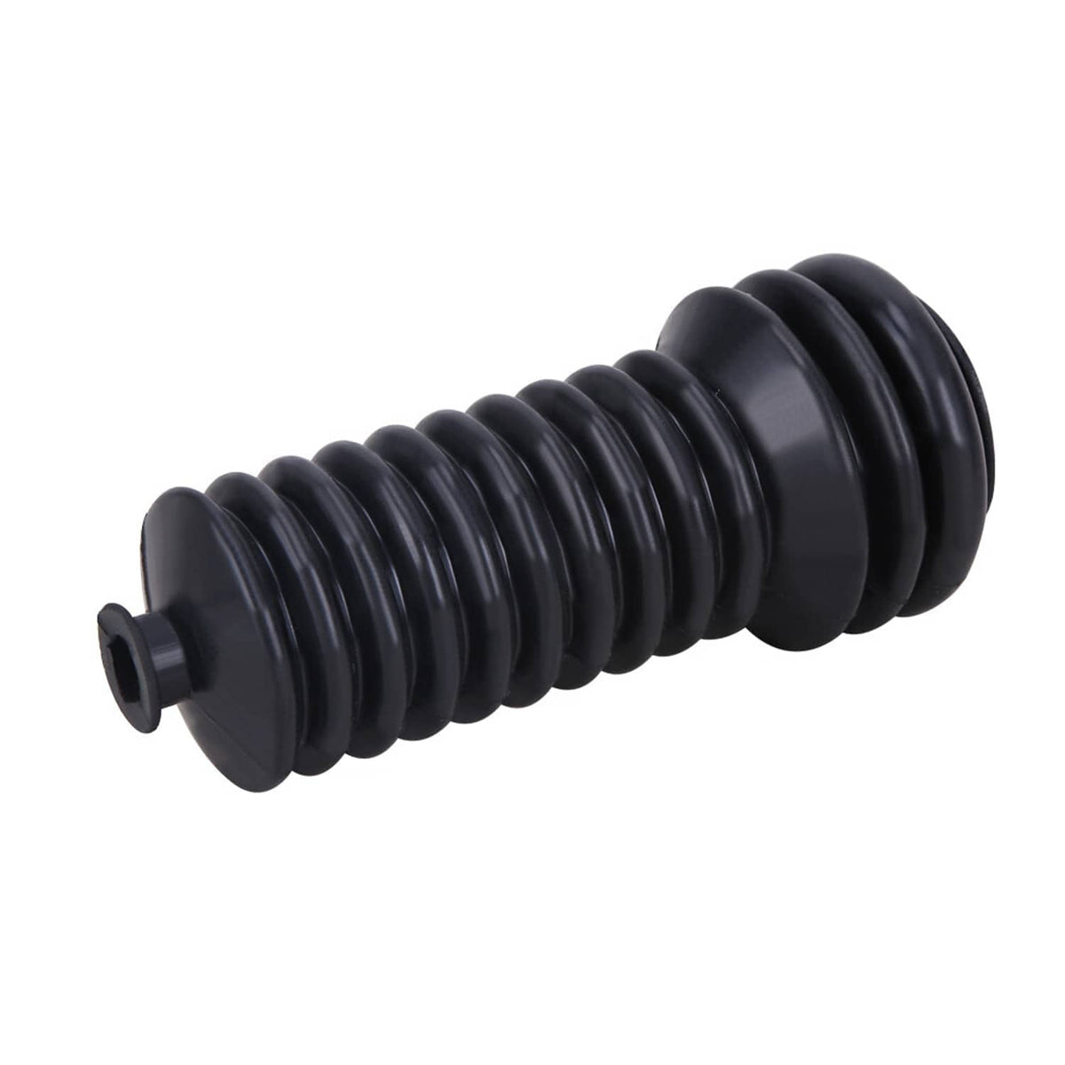 Black ribbed steering rack boot with mounting pin end and accordion bellows ridges