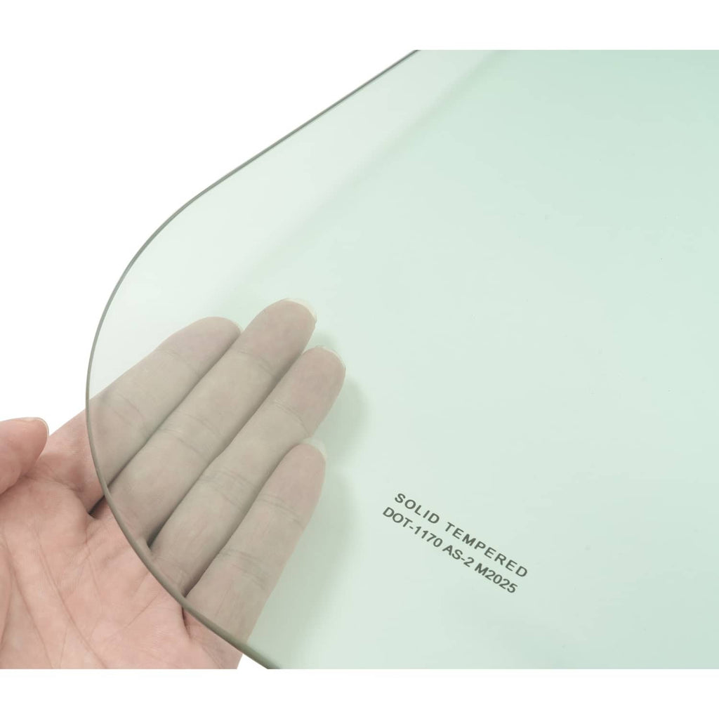Tinted side glass window panel with visible text and hand pressing the glass