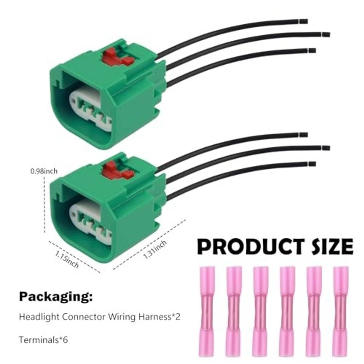 Two green headlight connector plugs with black wires and pink terminal sleeves