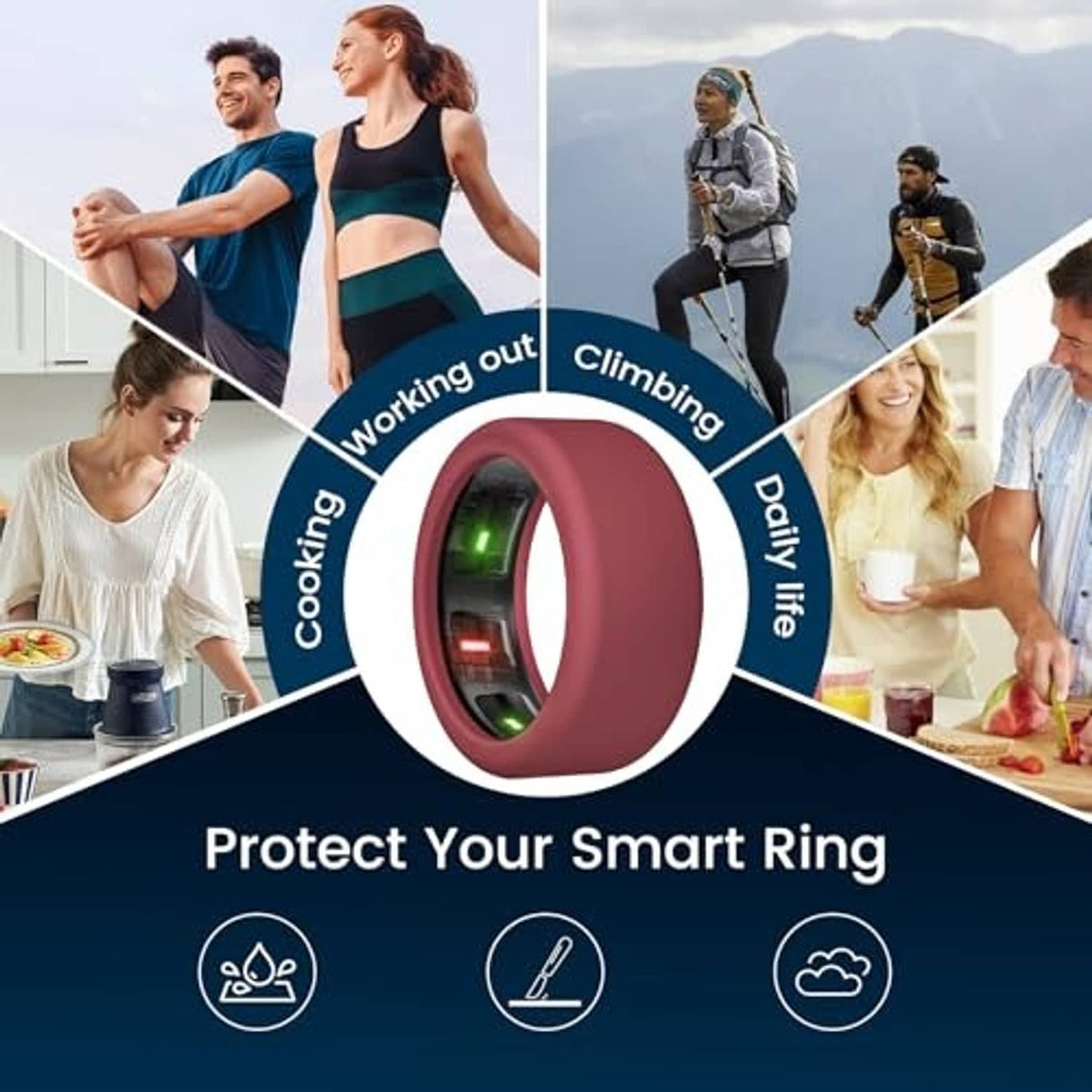 Maroon silicone ring cover with oval open display window, showing green and red LEDs