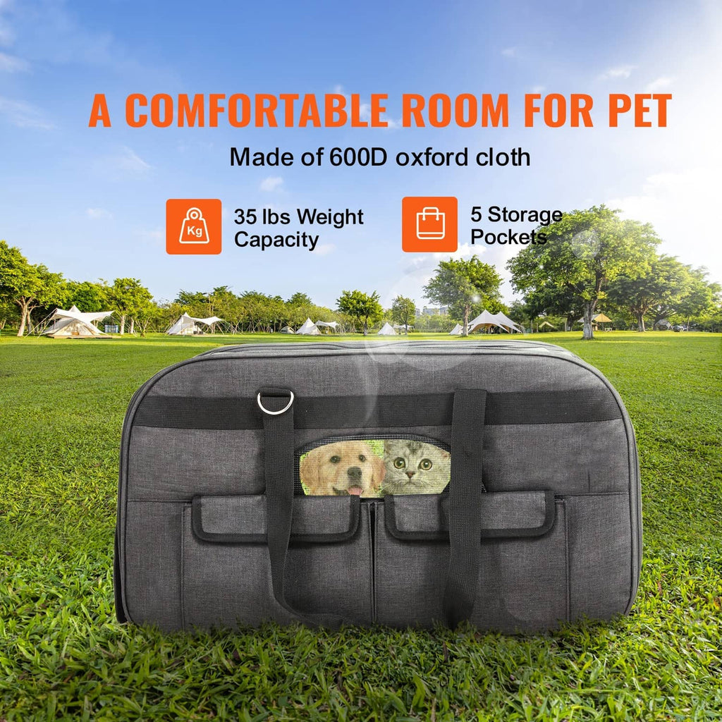 Gray pet carrier bag with front mesh window and padded carrying handle