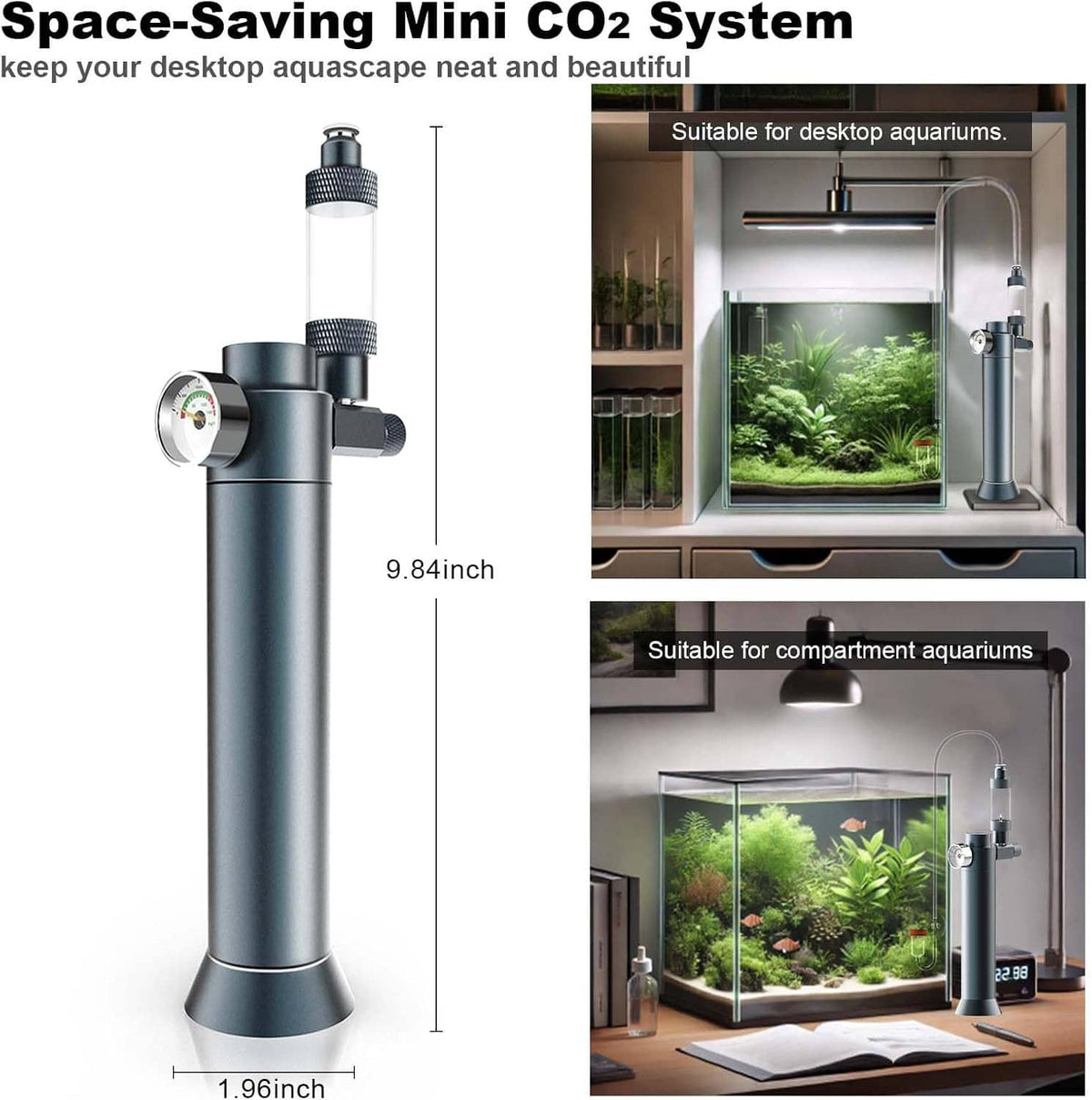 Space-saving mini aquarium CO2 regulator tower with bubble top and disposable CO2 cartridge