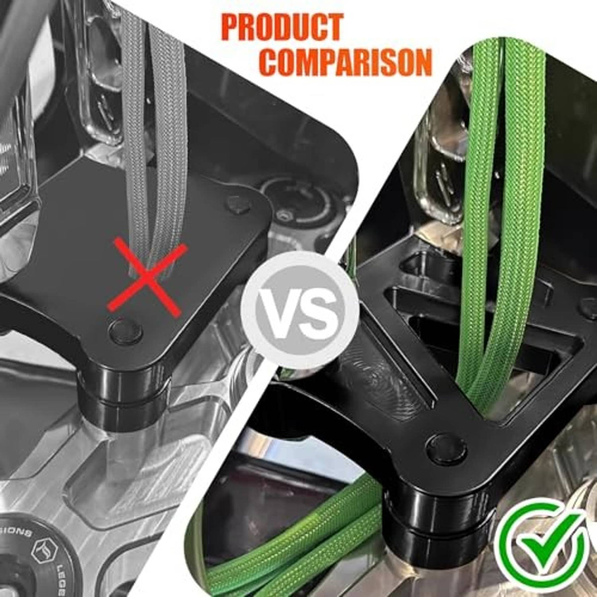 Black handlebar riser bracket compared on textured surface, shows triangular cutout and posts