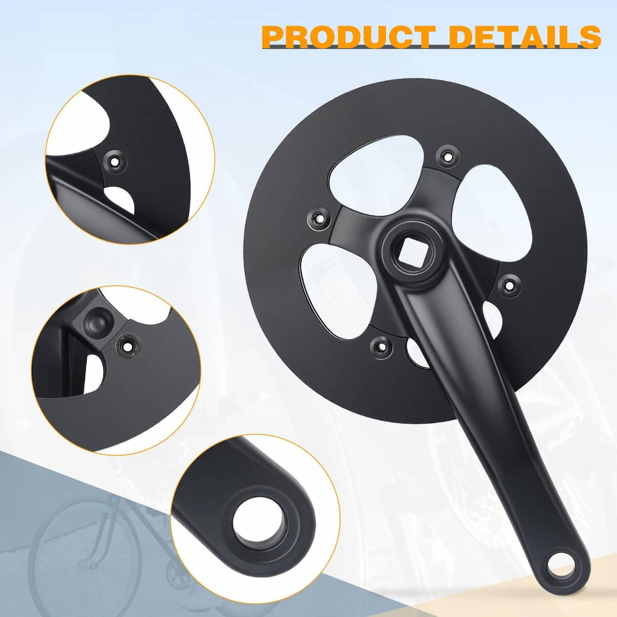 Black crankset detail view showing chainring and crank arm with square-taper interface
