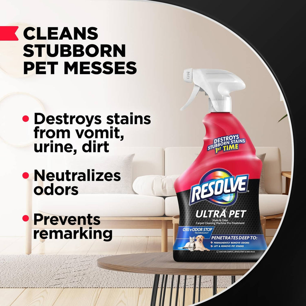 Resolve pet stain remover spray bottle; label notes odor neutralizing and stain removal