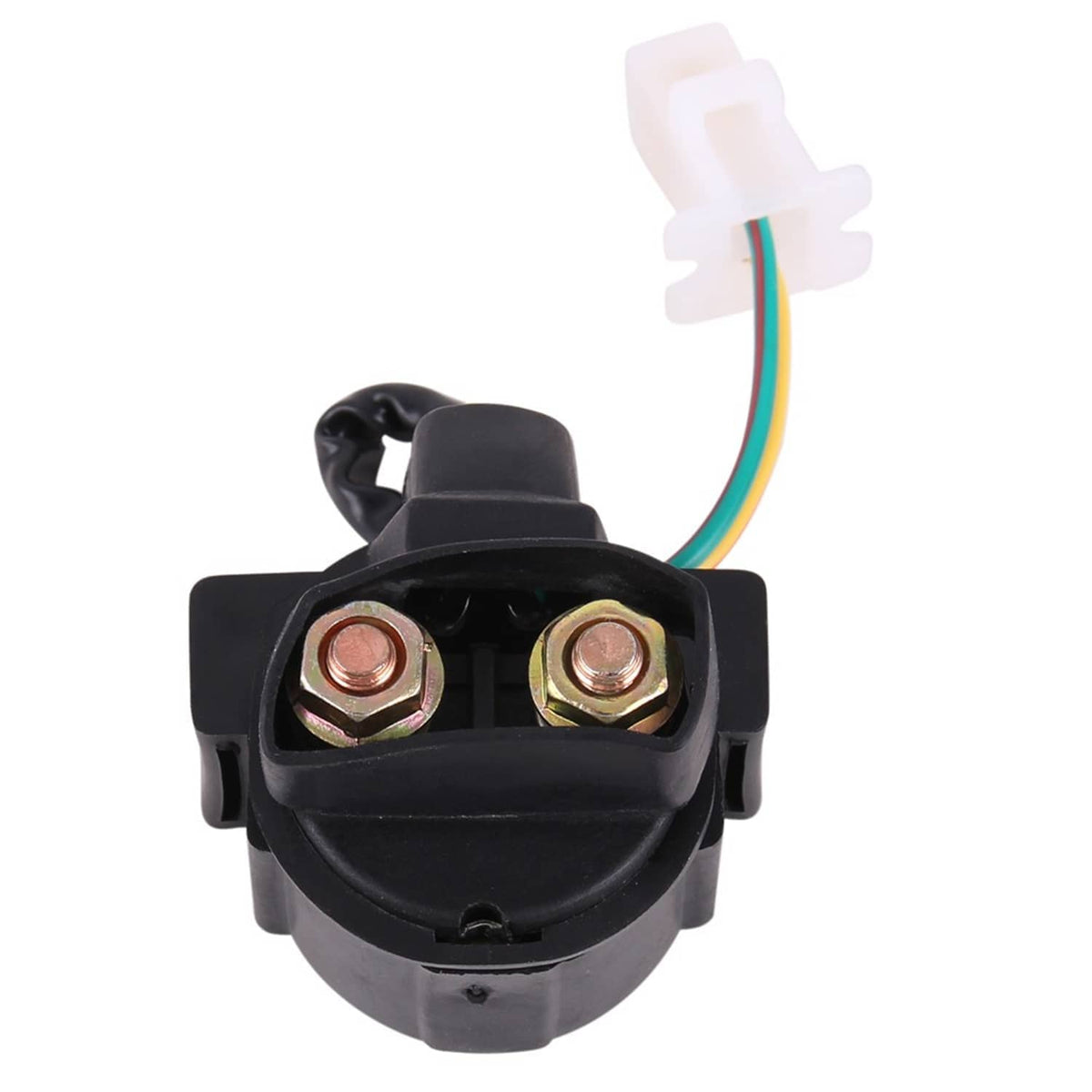 Starter relay solenoid with black housing and two copper stud terminals, wire connector