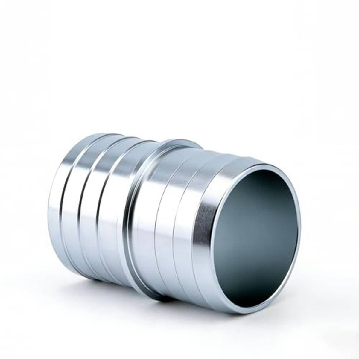 Aluminum hose barb splice coupler fitting pair, ribbed sleeves with dark inner openings