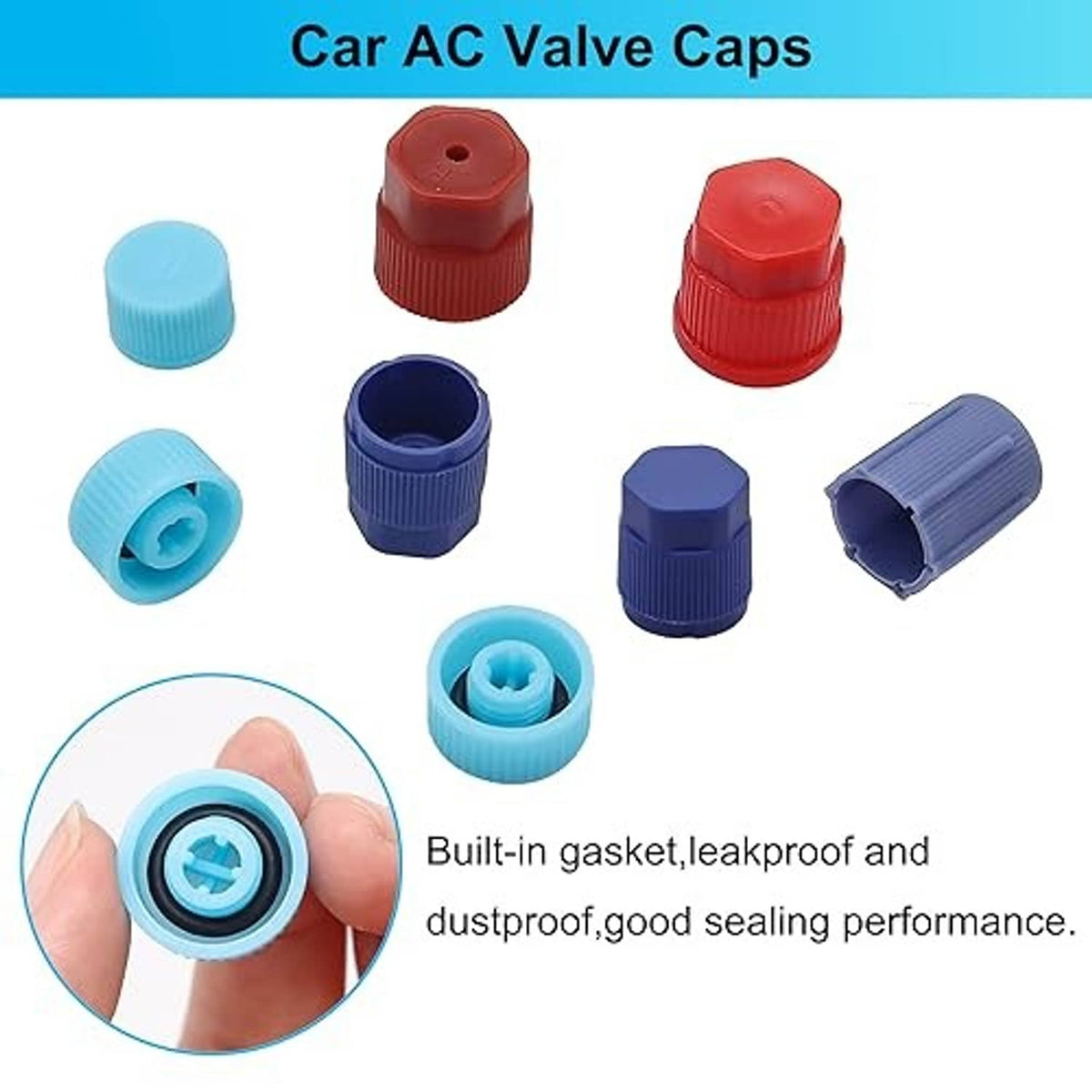 Car A/C valve caps assortment in blue, red, and dark blue with protective gaskets