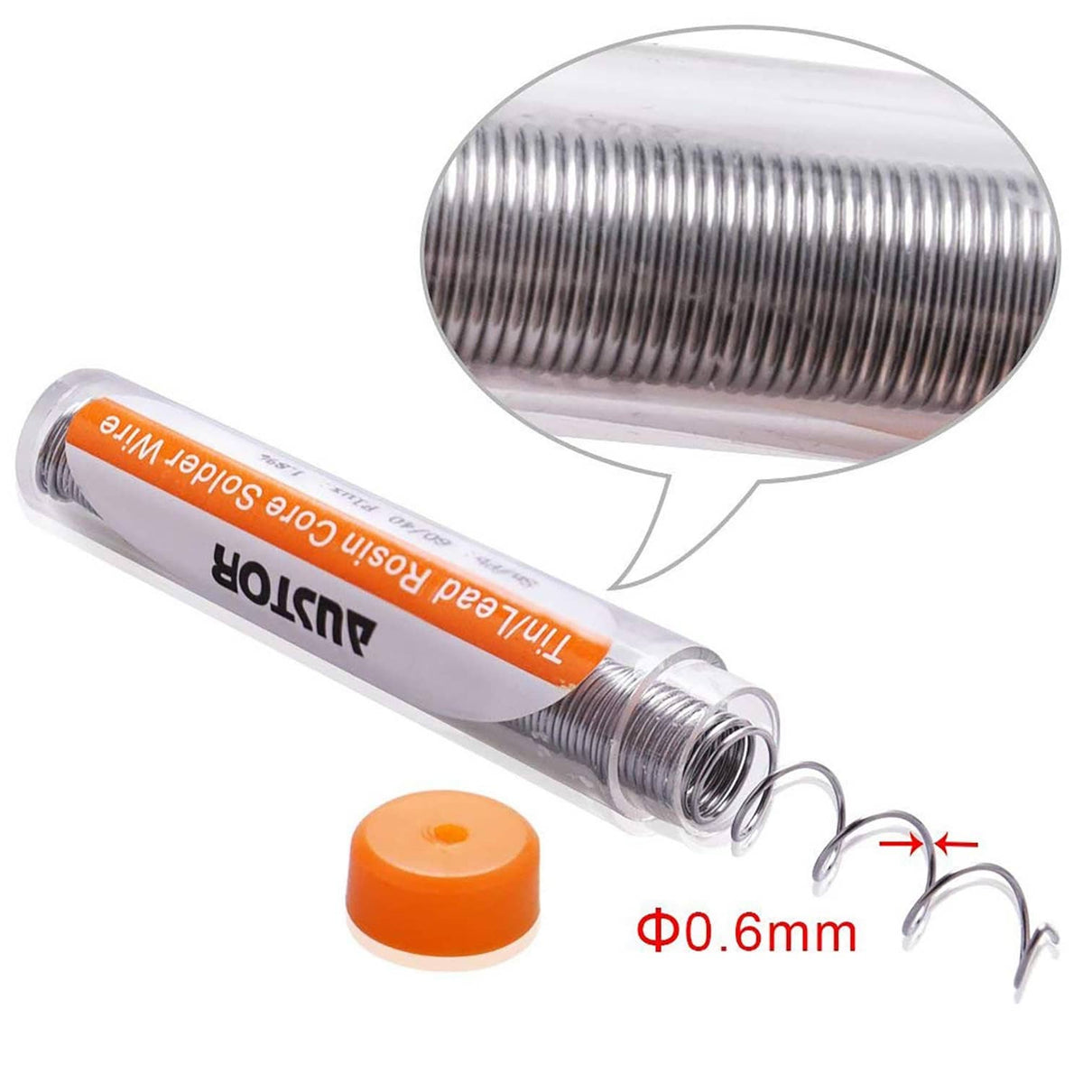 0.6mm rosin-core solder wire coil with orange cap and tube