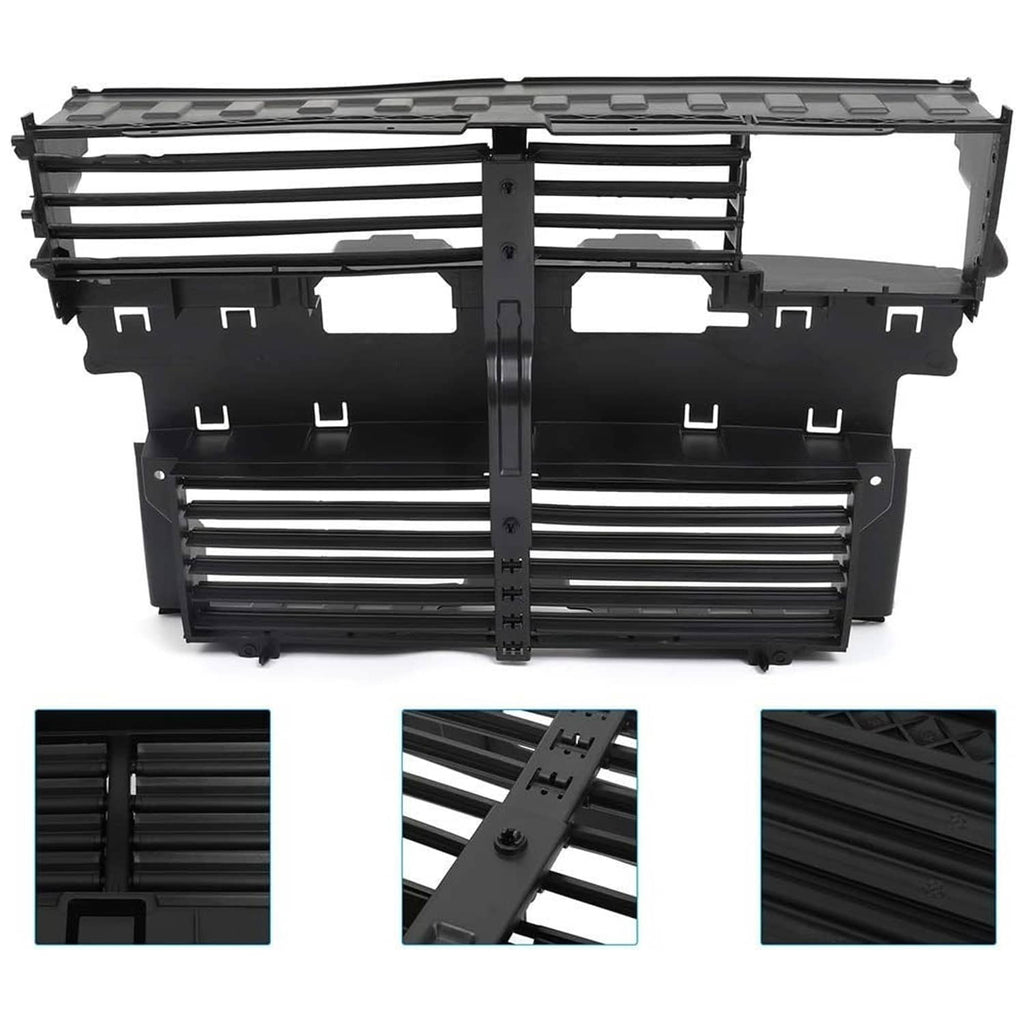 Active radiator grille shutter assembly with motor, black plastic and grille slats
