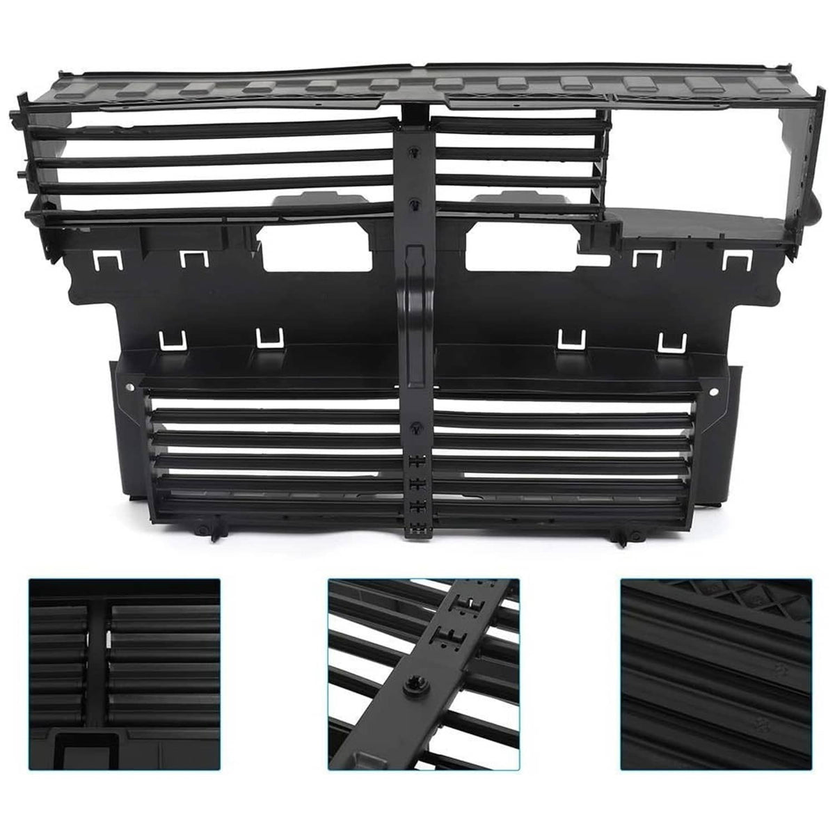 Active radiator grille shutter assembly with motor, black plastic and grille slats