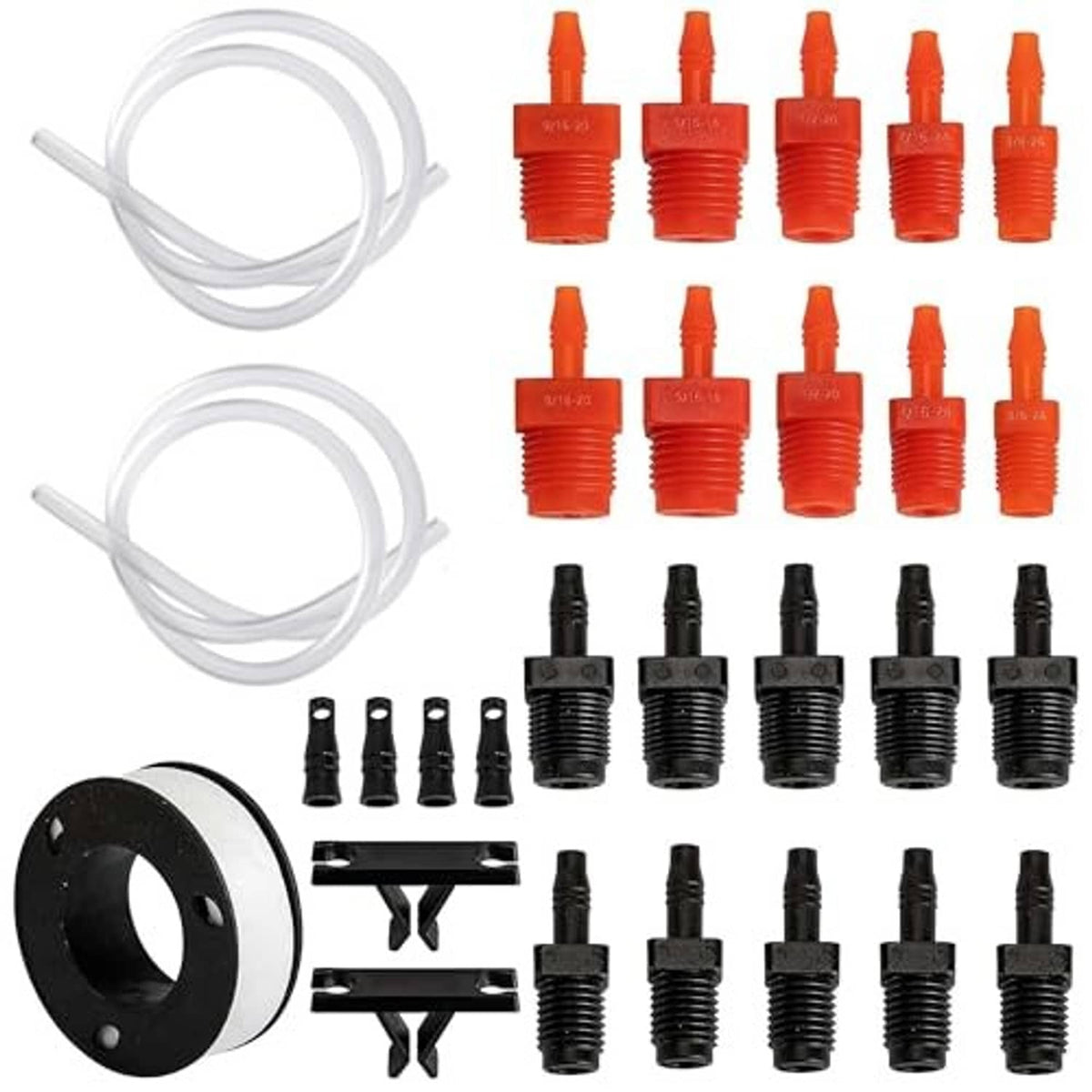 Brake bleeder replacement kit with white hoses, orange fittings, black fittings, clips and PTFE tape
