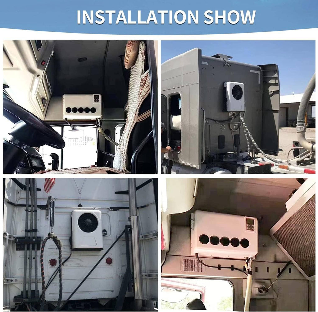 Split AC outdoor unit installed in vehicle compartment with control panel and wiring