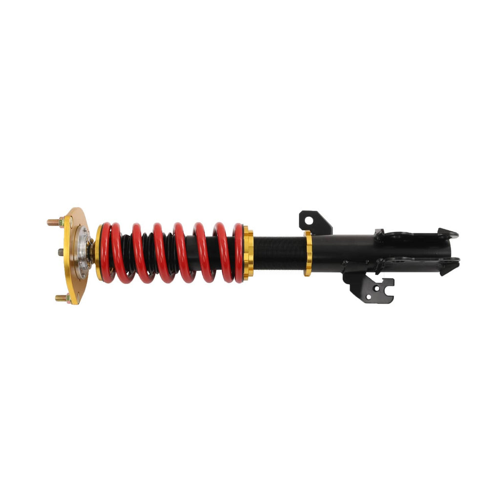 Single coilover strut with red spring, black shock body, and gold top mount