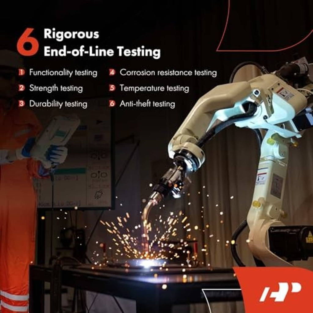 Interior door handle component in industrial test rig with welding sparks