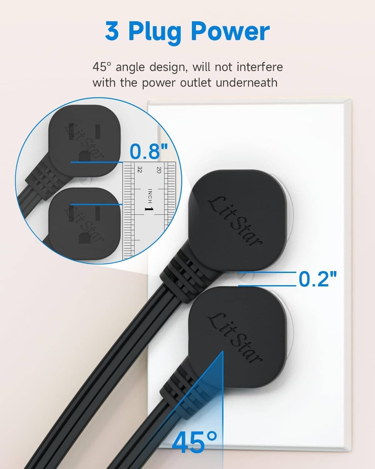 Black 45-degree flat plug extension cord designed for three-prong outlets