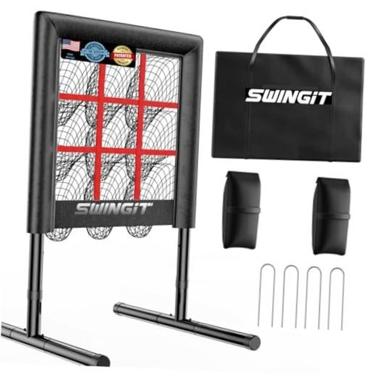 Black pitching net target with red strike-zone grid, shown with storage bag and stakes