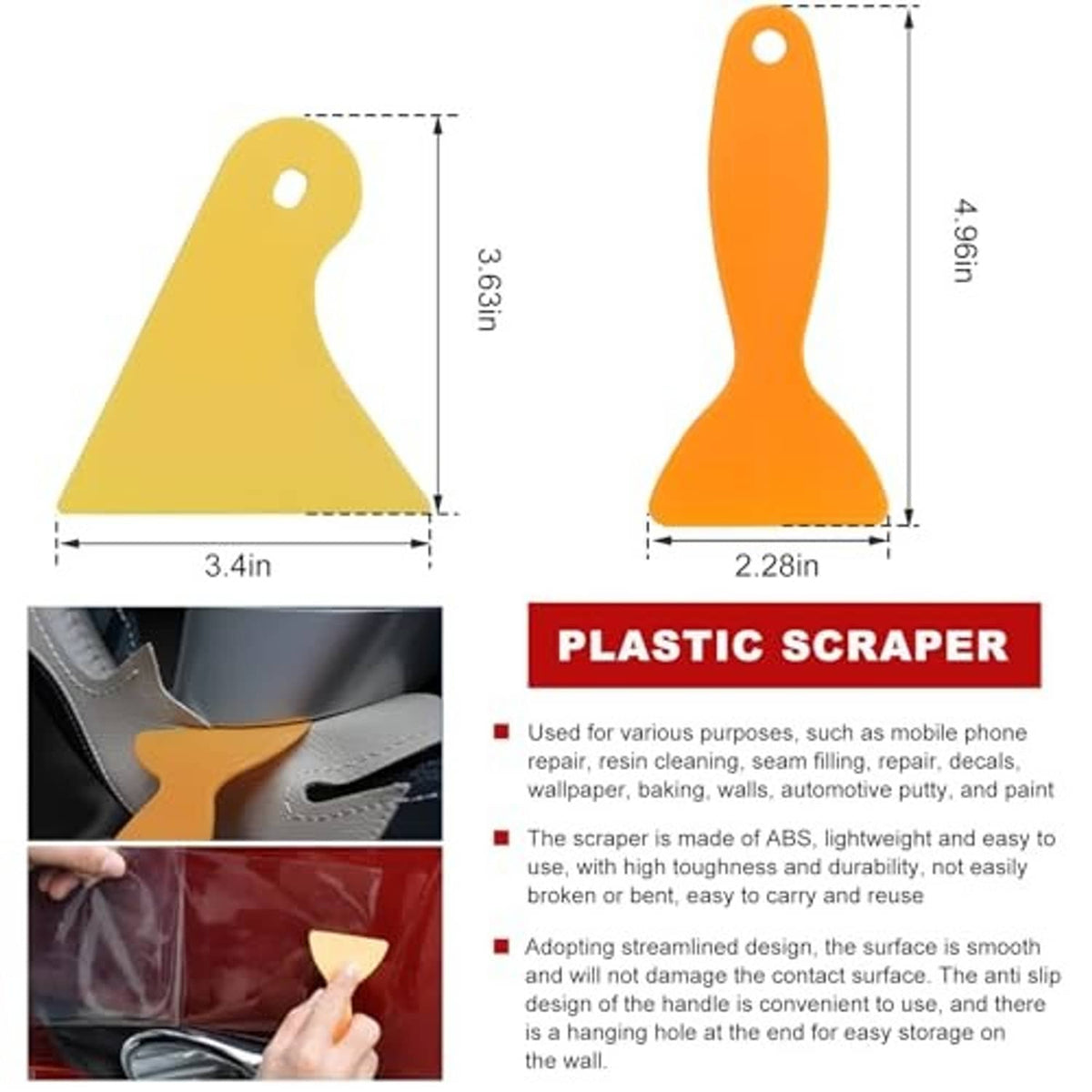 Orange and yellow plastic scrapers with rounded handle for spreading and smoothing