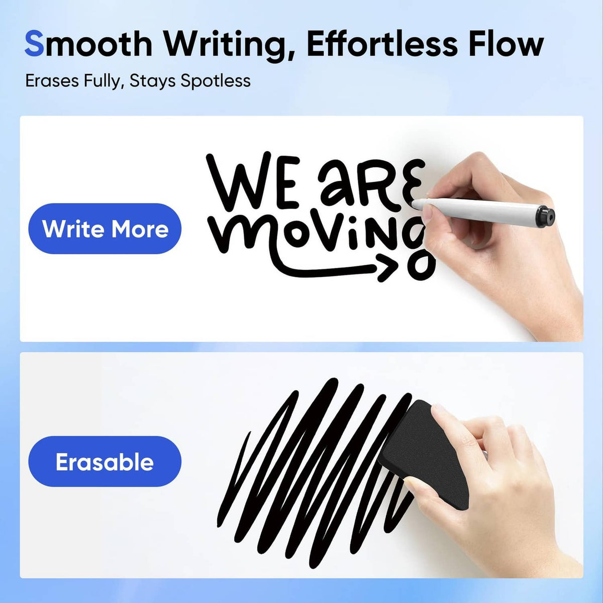Magnetic dry erase whiteboard with silver frame and black writing being erased