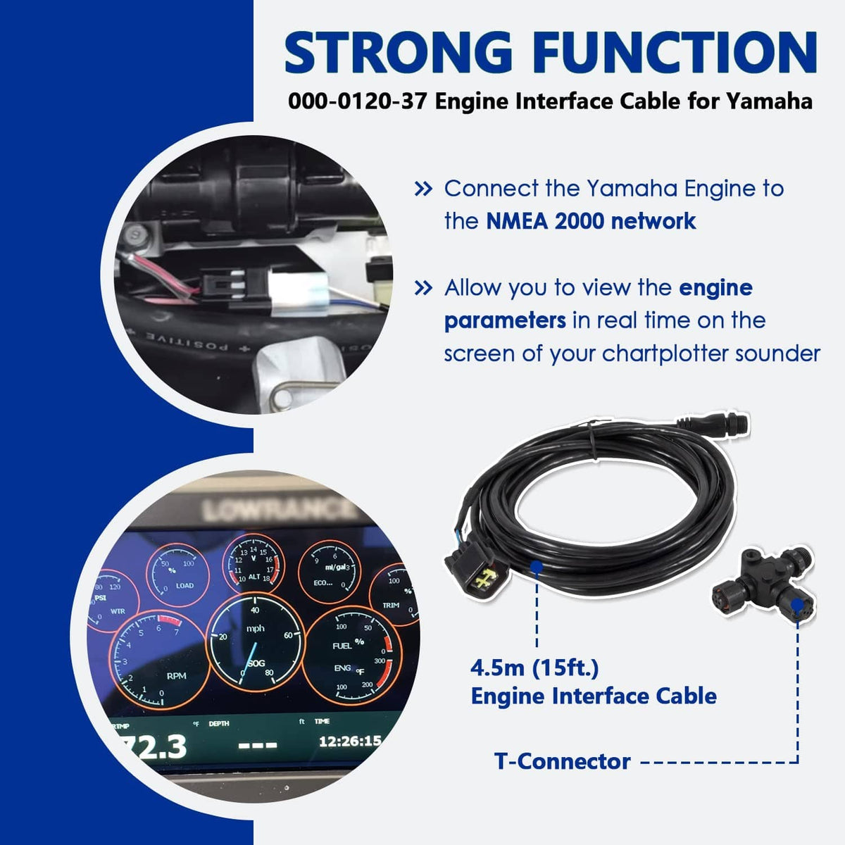 Engine interface cable with T-connector shown with NMEA network and engine parameter screens.