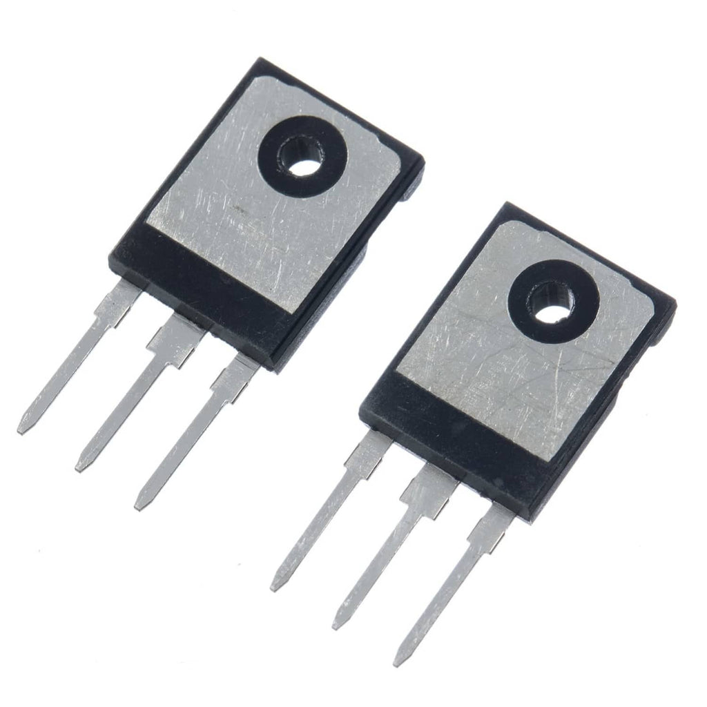 Two black TO-3P transistor packages shown from the top with three lead pins