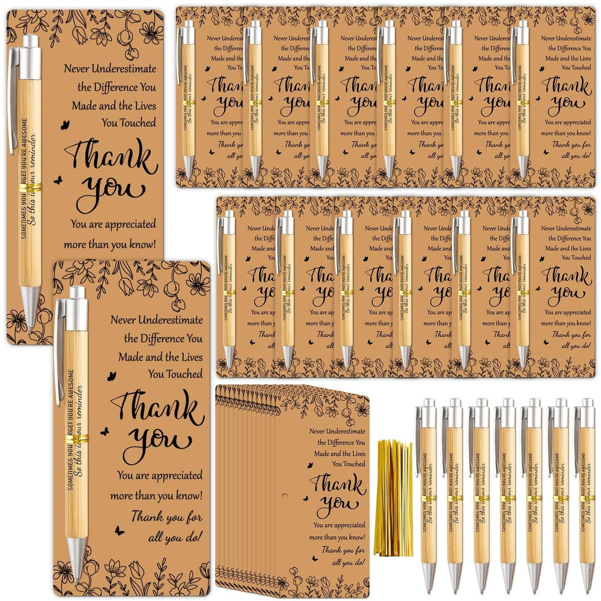 Brown “Thank You” gift cards with multiple retractable pens, bulk set layout