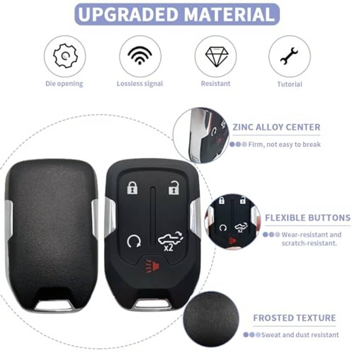 Black textured key fob shell case replacement with five button icons and key ring