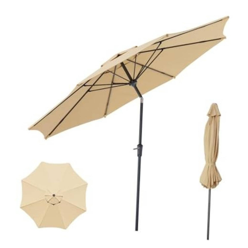 Beige patio umbrella with black pole and open canopy, plus folded spare canopy