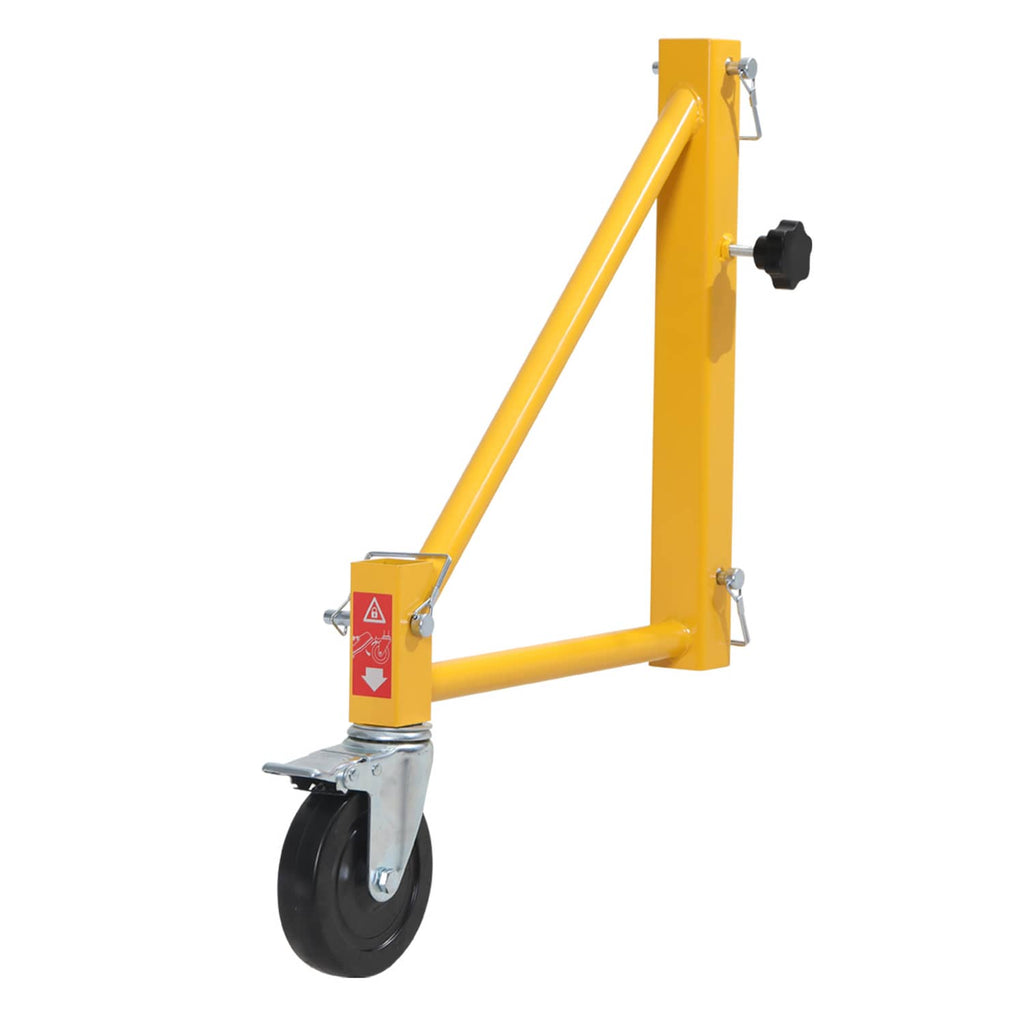 Yellow scaffolding outrigger support with single swivel caster and black locking lever